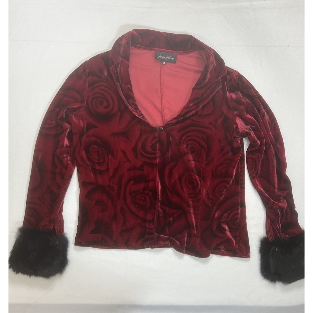 Jenny Helene Velvet Open Cardigan M Rose Whimsigoth Y2K Romantic Faux Fur Vtg